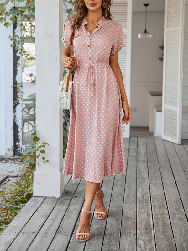Neues Damen-Kleid mit Hemdkragen, Polka-Dots und Taillenbund, vielseitig kombinierbar 