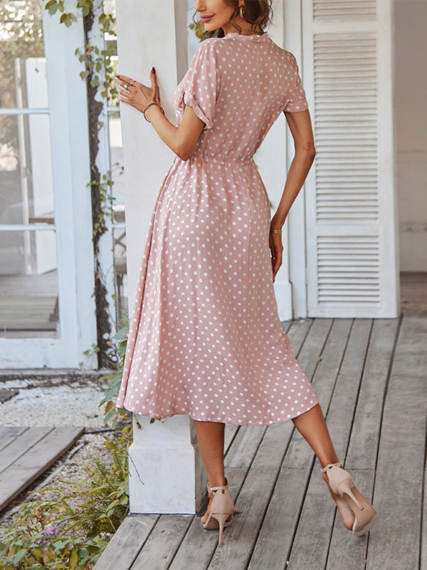 Neues Damen-Kleid mit Hemdkragen, Polka-Dots und Taillenbund, vielseitig kombinierbar 