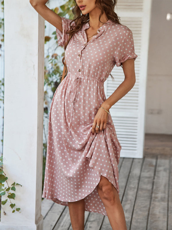 Neues Damen-Kleid mit Hemdkragen, Polka-Dots und Taillenbund, vielseitig kombinierbar 