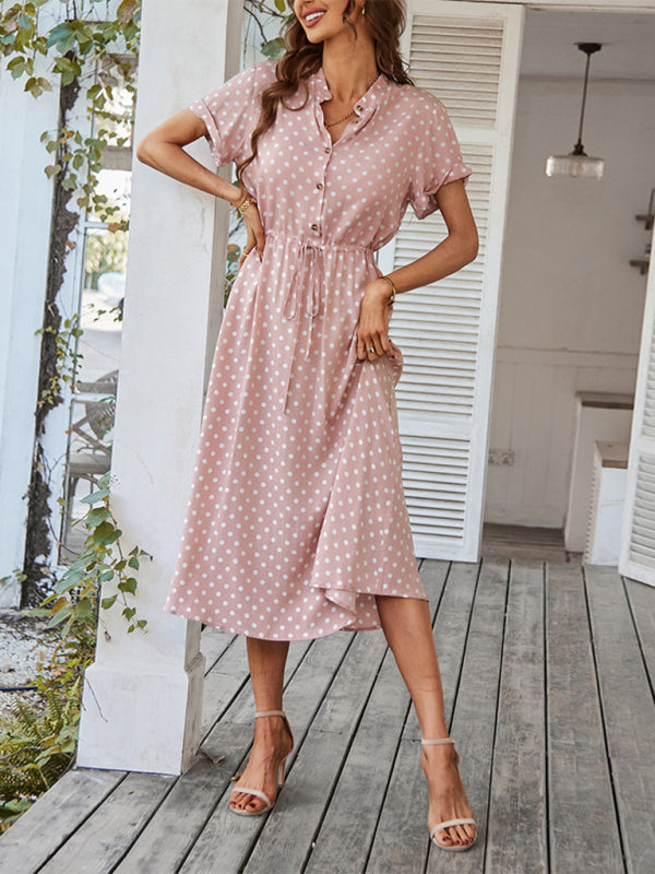Neues Damen-Kleid mit Hemdkragen, Polka-Dots und Taillenbund, vielseitig kombinierbar 