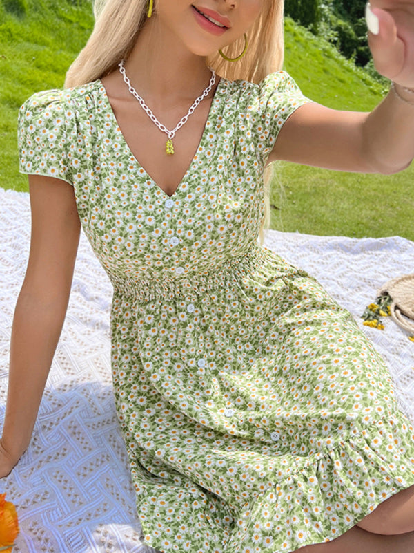 Nouvelle robe à fleurs dos nu lacée à col en V pour femme, très tendance 