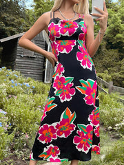 Robe à bretelles imprimée dos nu lacée pour femme 