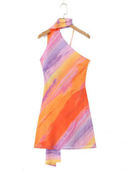 Neues rückenfreies Damenkleid mit Neckholder, Farbblockmuster und schmaler Passform 