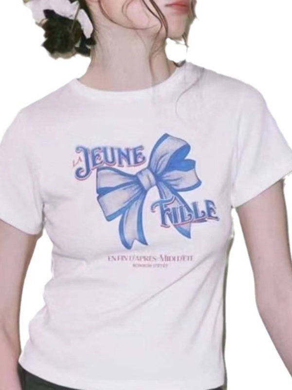 Nouveau t-shirt décontracté à manches courtes, col rond, couleur unie, imprimé nœud papillon 