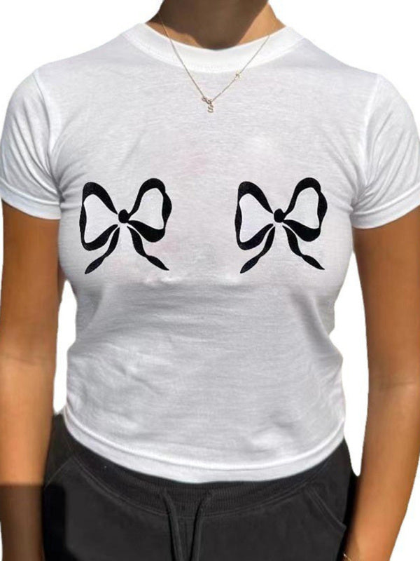 Nouveau t-shirt décontracté à manches courtes, col rond, couleur unie, imprimé nœud papillon 