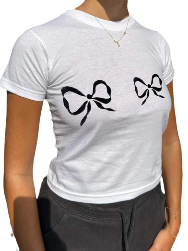 Nouveau t-shirt décontracté à manches courtes, col rond, couleur unie, imprimé nœud papillon 