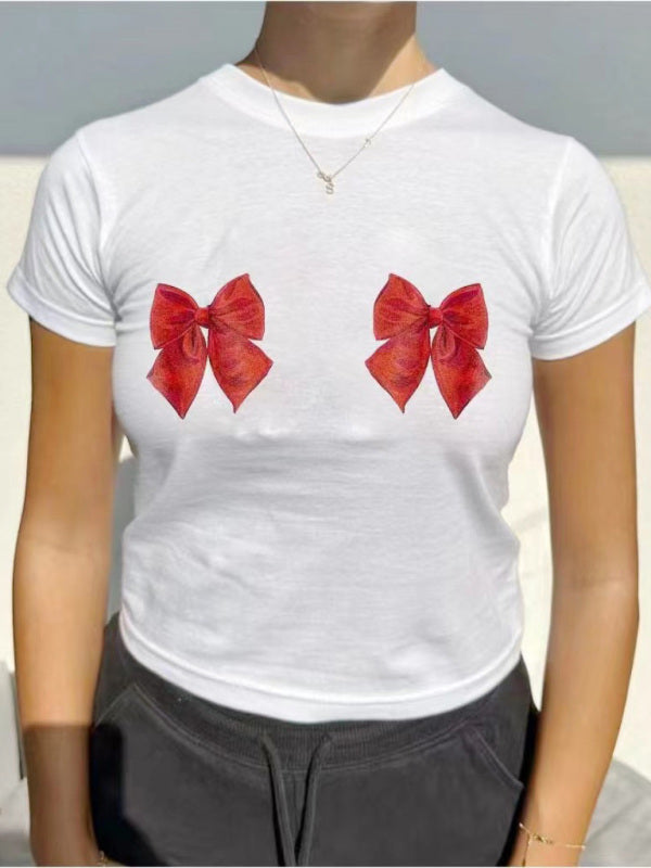 Nouveau t-shirt décontracté à manches courtes, col rond, couleur unie, imprimé nœud papillon 