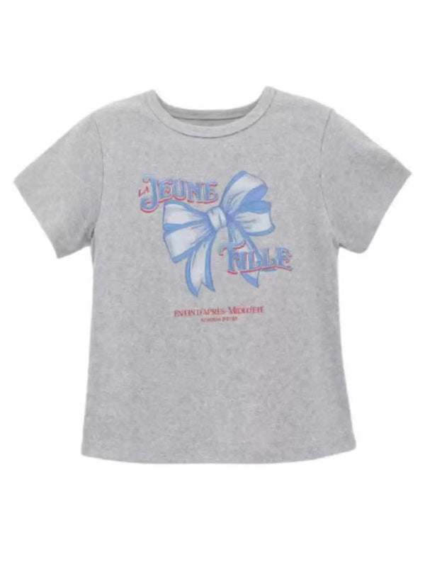 Nouveau t-shirt décontracté à manches courtes, col rond, couleur unie, imprimé nœud papillon 