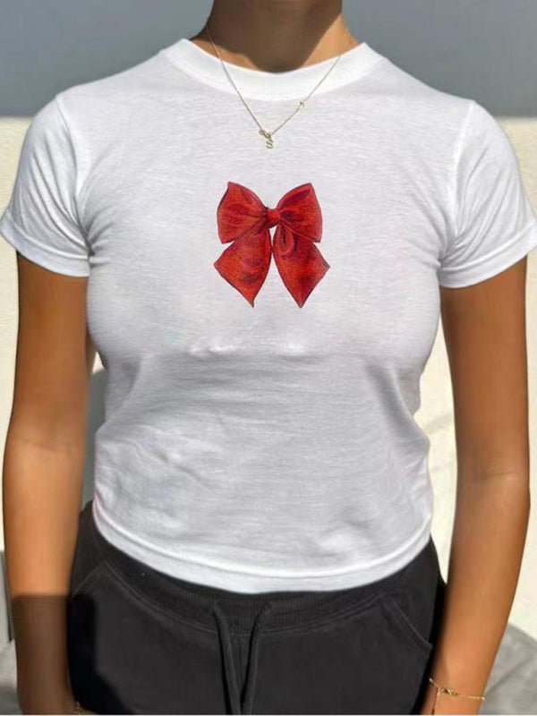 Nouveau t-shirt décontracté à manches courtes, col rond, couleur unie, imprimé nœud papillon 