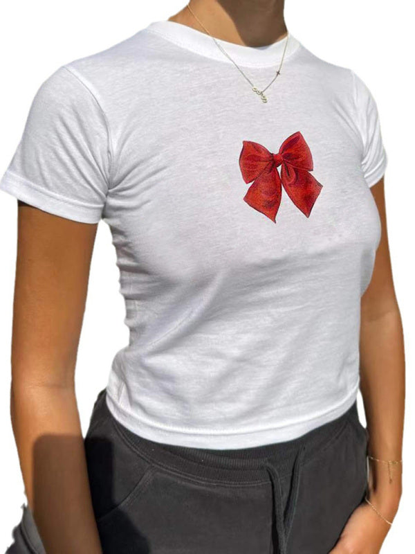 Nouveau t-shirt décontracté à manches courtes, col rond, couleur unie, imprimé nœud papillon 