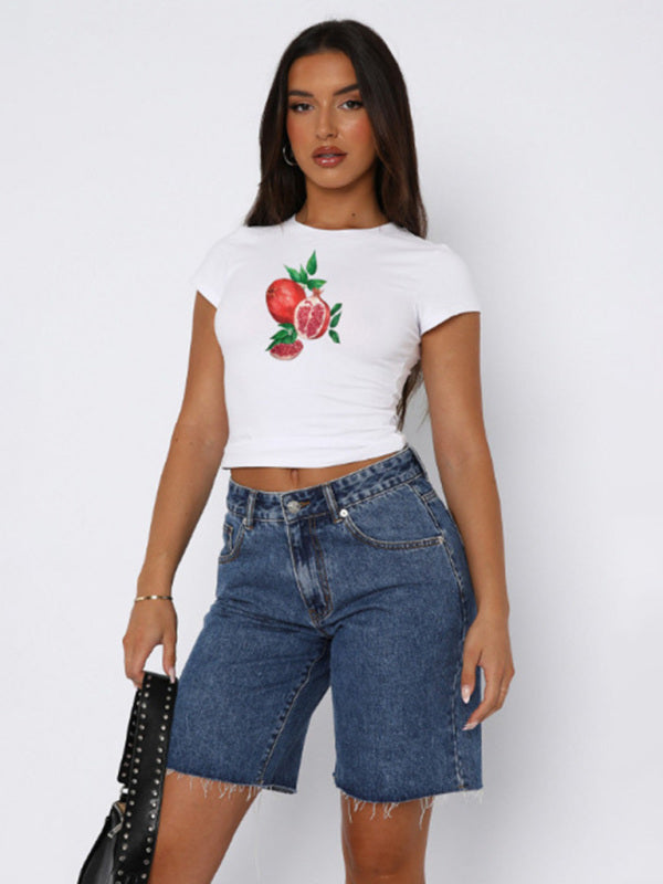 Neues, bedrucktes Streetwear-T-Shirt mit Rundhalsausschnitt, schmaler Passform, kurzem Schnitt und freiliegendem Bauchnabel – vielseitig einsetzbar 