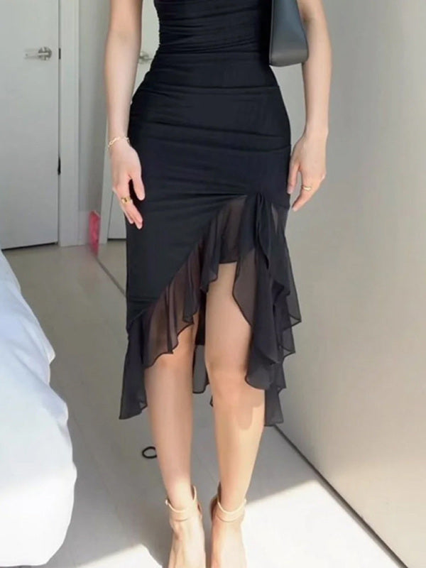 Modisches Netz-Kleid mit asymmetrischem, ohrenförmigem Taillenausschnitt und elegantem Falten-Design 