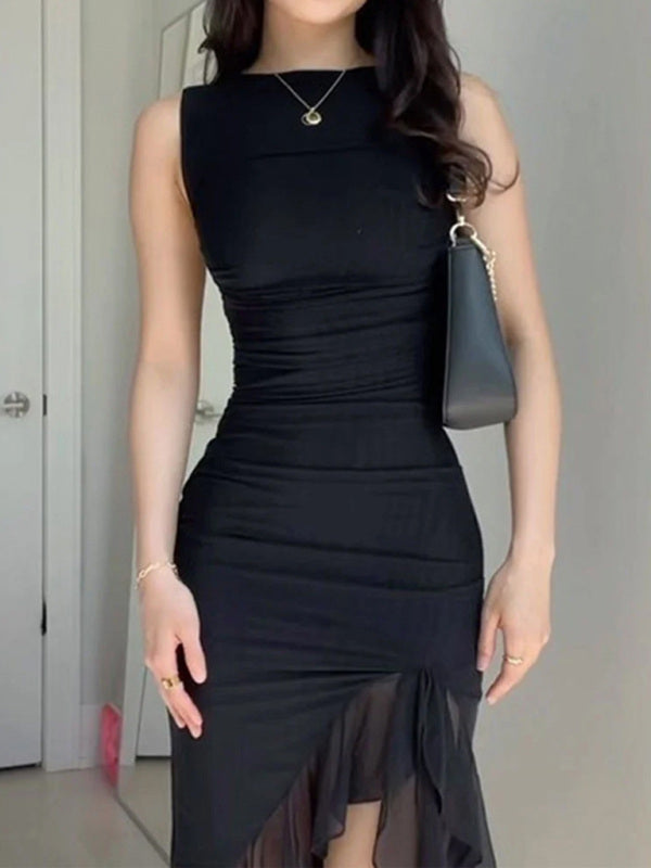 Modisches Netz-Kleid mit asymmetrischem, ohrenförmigem Taillenausschnitt und elegantem Falten-Design 