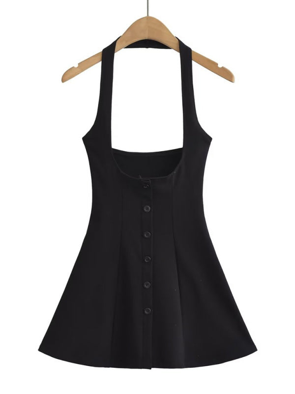 Breitkrempiger Neckholder-Rock mit hoher Taille, mehreren Knöpfen und Stretch-Rock 