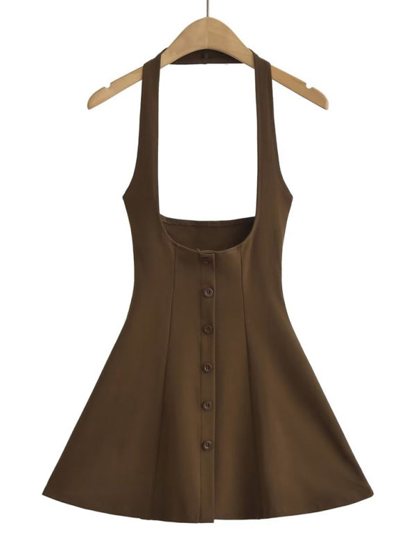 Breitkrempiger Neckholder-Rock mit hoher Taille, mehreren Knöpfen und Stretch-Rock 