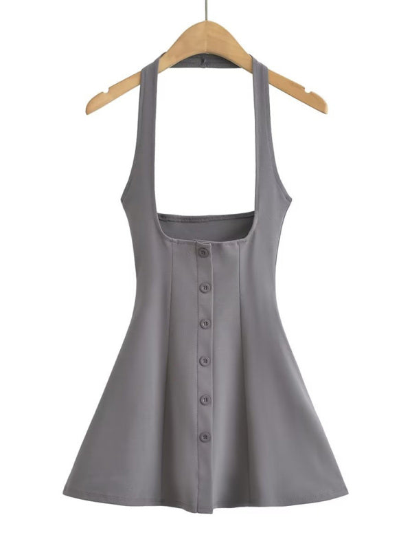 Breitkrempiger Neckholder-Rock mit hoher Taille, mehreren Knöpfen und Stretch-Rock 