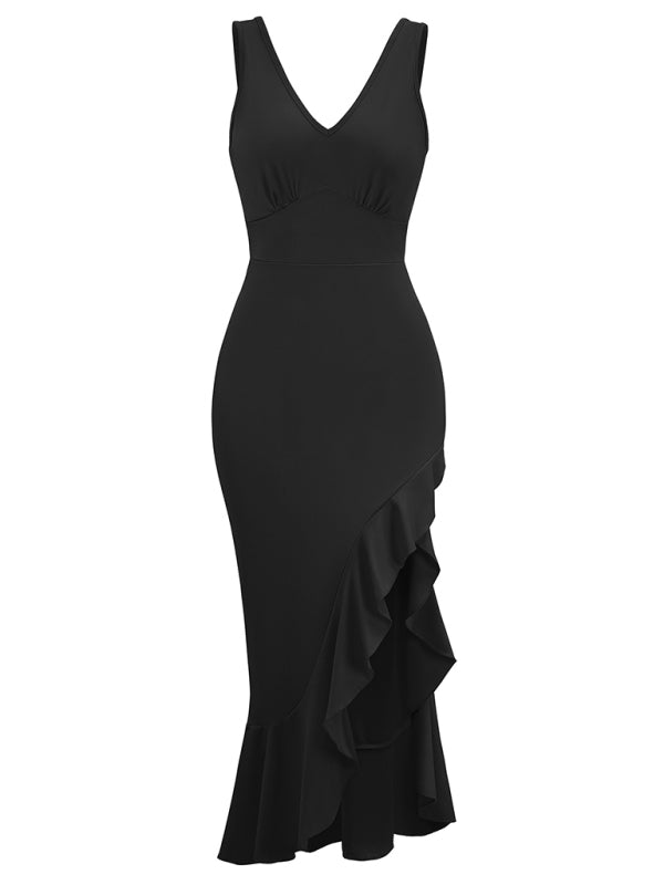 Neues ärmelloses Kleid mit V-Ausschnitt und Rüschensaum 