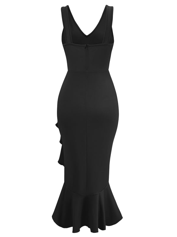 Neues ärmelloses Kleid mit V-Ausschnitt und Rüschensaum 