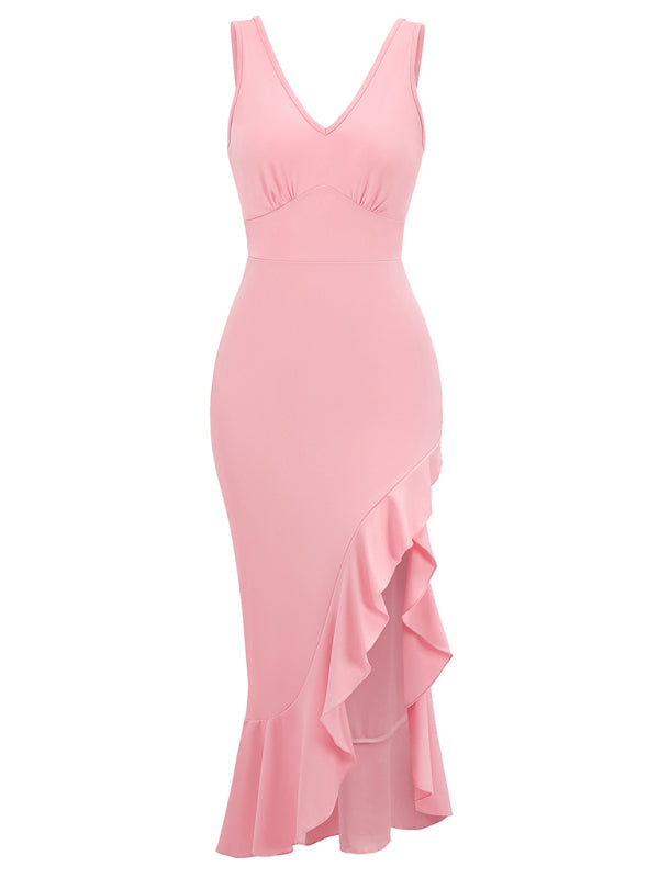 Neues ärmelloses Kleid mit V-Ausschnitt und Rüschensaum 