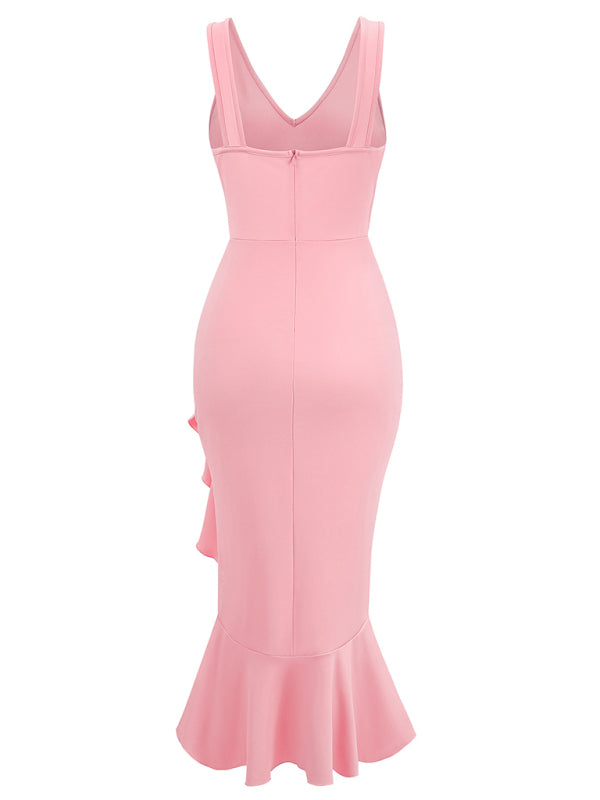 Neues ärmelloses Kleid mit V-Ausschnitt und Rüschensaum 