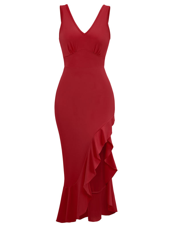 Neues ärmelloses Kleid mit V-Ausschnitt und Rüschensaum 