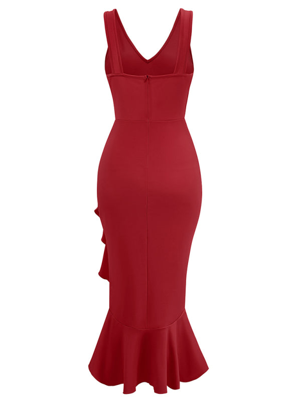 Neues ärmelloses Kleid mit V-Ausschnitt und Rüschensaum 