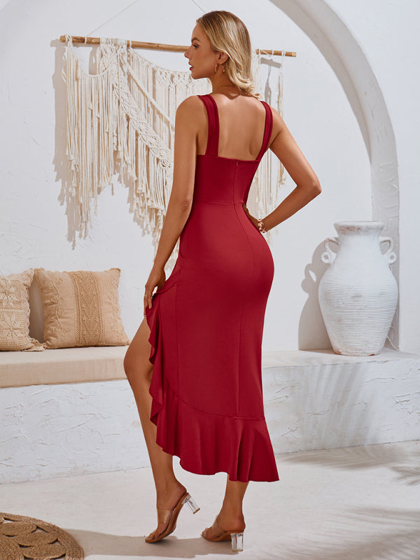 Neues ärmelloses Kleid mit V-Ausschnitt und Rüschensaum 