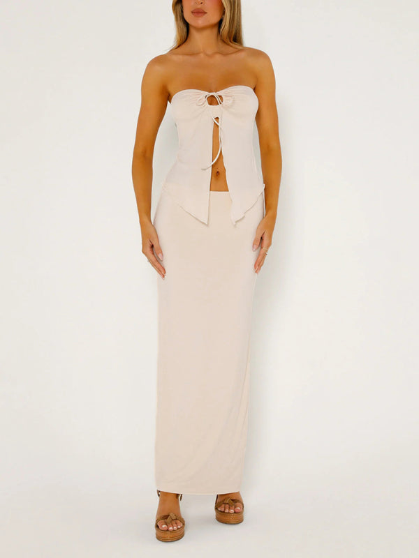Ensemble jupe longue sans manches, jupe tube fendue, double épaisseur, en maille unie, style tempéra 