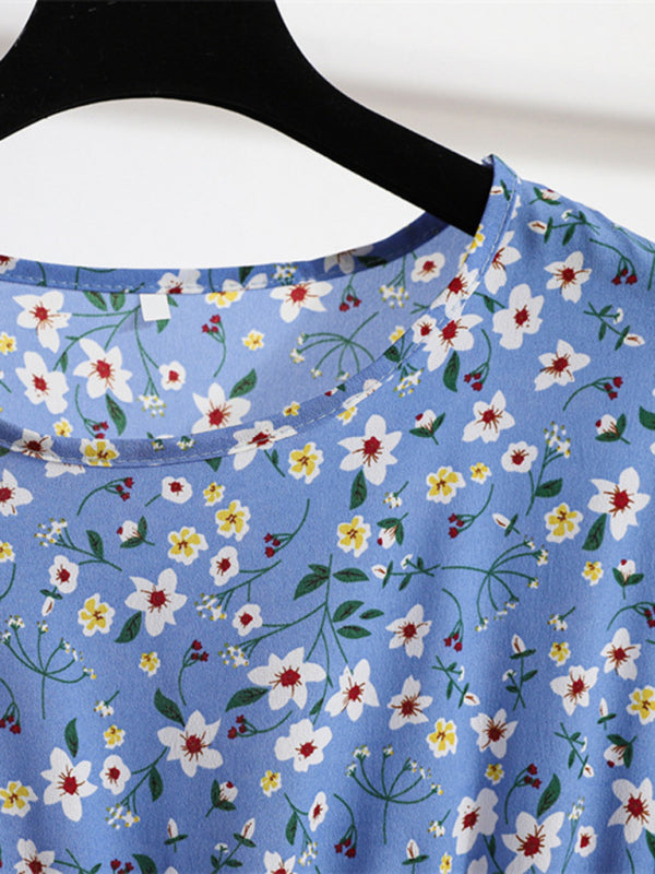 Langes, langärmeliges Chiffonkleid mit Rundhalsausschnitt, taillierter Passform und Blumenmuster, das die Taille betont 
