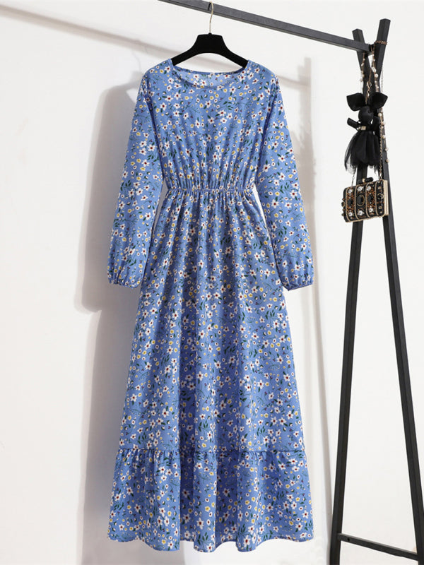 Langes, langärmeliges Chiffonkleid mit Rundhalsausschnitt, taillierter Passform und Blumenmuster, das die Taille betont 