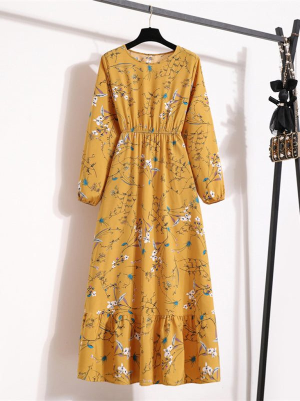Langes, langärmeliges Chiffonkleid mit Rundhalsausschnitt, taillierter Passform und Blumenmuster, das die Taille betont 