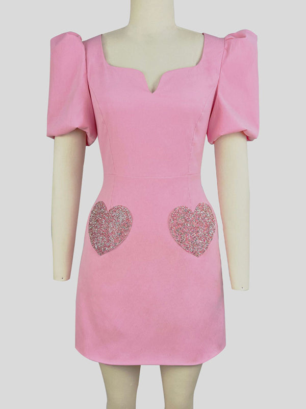 Women's V-neck sweet puff sleeve sequin dress