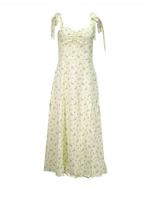 Neues modisches, trägerloses, rückenfreies Kleid mit V-Ausschnitt, Blumenmuster und Schlitz 