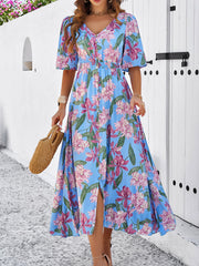 Lässiges Damenkleid mit Blumenmuster und Schlitz für Frühling und Sommerurlaub 