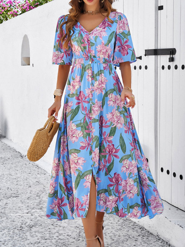 Lässiges Damenkleid mit Blumenmuster und Schlitz für Frühling und Sommerurlaub 