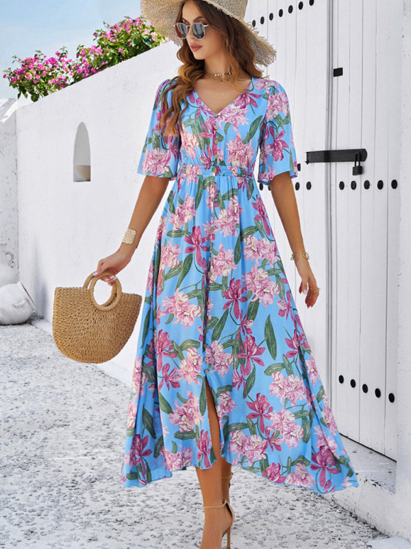 Lässiges Damenkleid mit Blumenmuster und Schlitz für Frühling und Sommerurlaub 