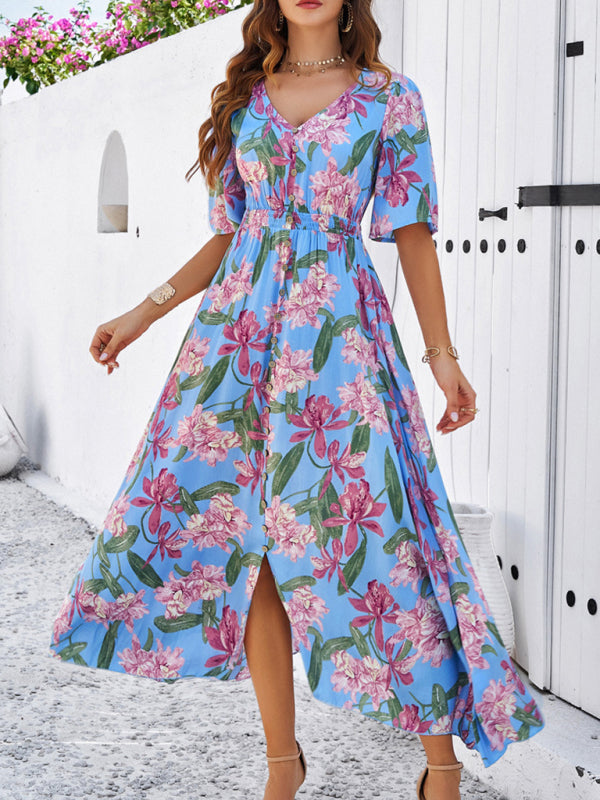 Lässiges Damenkleid mit Blumenmuster und Schlitz für Frühling und Sommerurlaub 