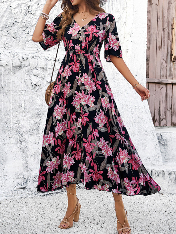 Lässiges Damenkleid mit Blumenmuster und Schlitz für Frühling und Sommerurlaub 