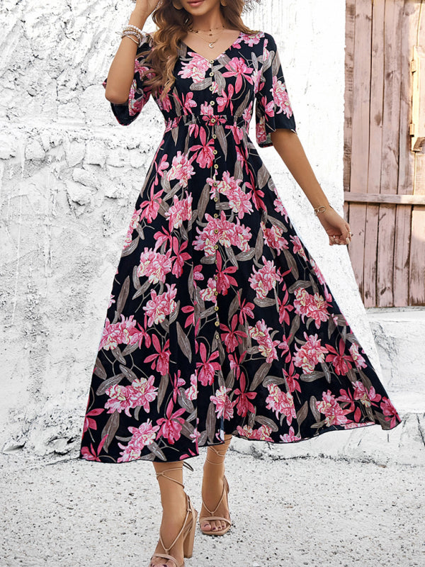 Lässiges Damenkleid mit Blumenmuster und Schlitz für Frühling und Sommerurlaub 
