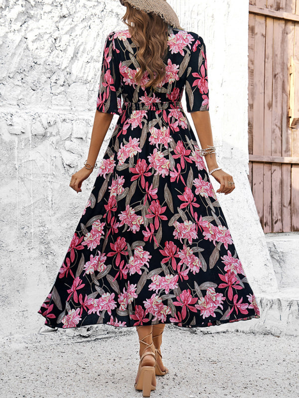 Lässiges Damenkleid mit Blumenmuster und Schlitz für Frühling und Sommerurlaub 