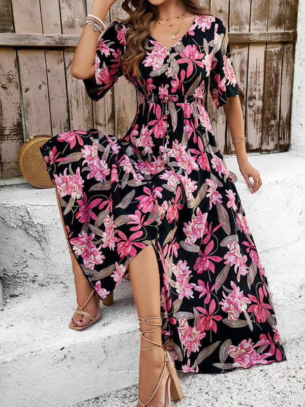 Lässiges Damenkleid mit Blumenmuster und Schlitz für Frühling und Sommerurlaub 