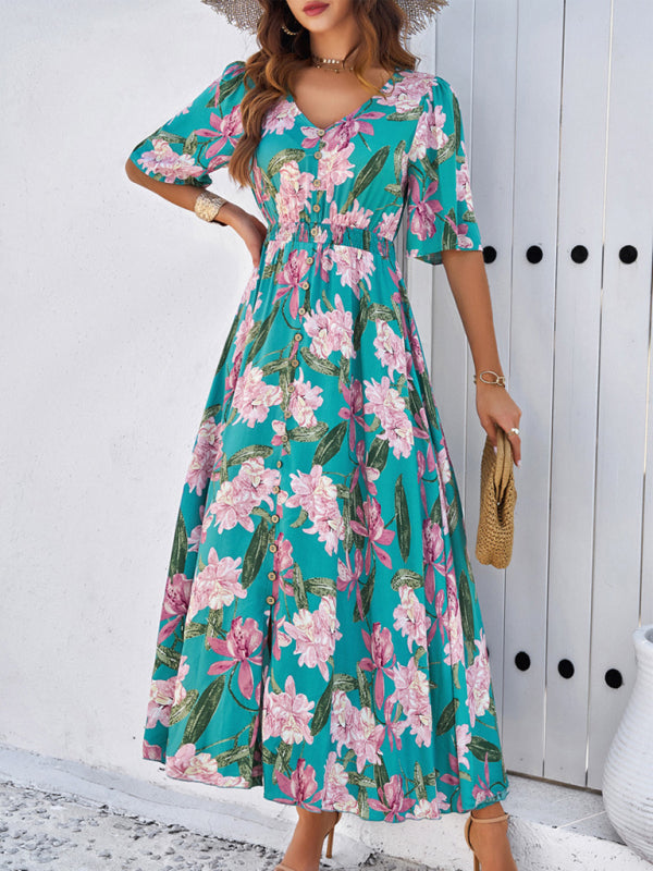 Lässiges Damenkleid mit Blumenmuster und Schlitz für Frühling und Sommerurlaub 