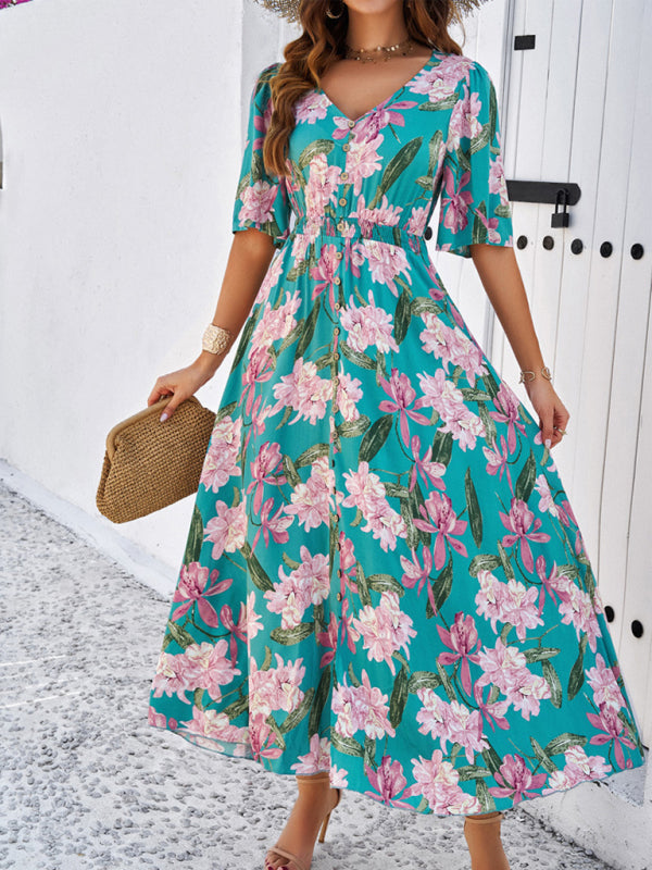 Lässiges Damenkleid mit Blumenmuster und Schlitz für Frühling und Sommerurlaub 