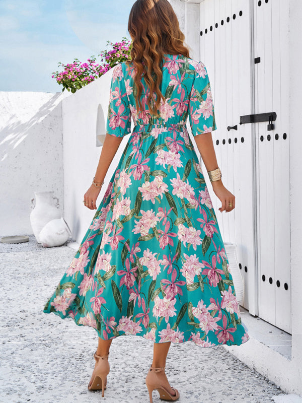 Lässiges Damenkleid mit Blumenmuster und Schlitz für Frühling und Sommerurlaub 