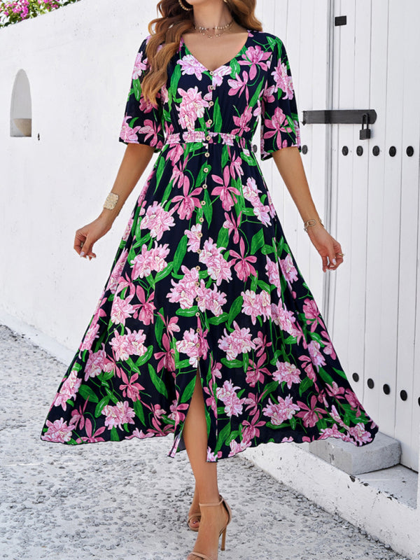 Lässiges Damenkleid mit Blumenmuster und Schlitz für Frühling und Sommerurlaub 
