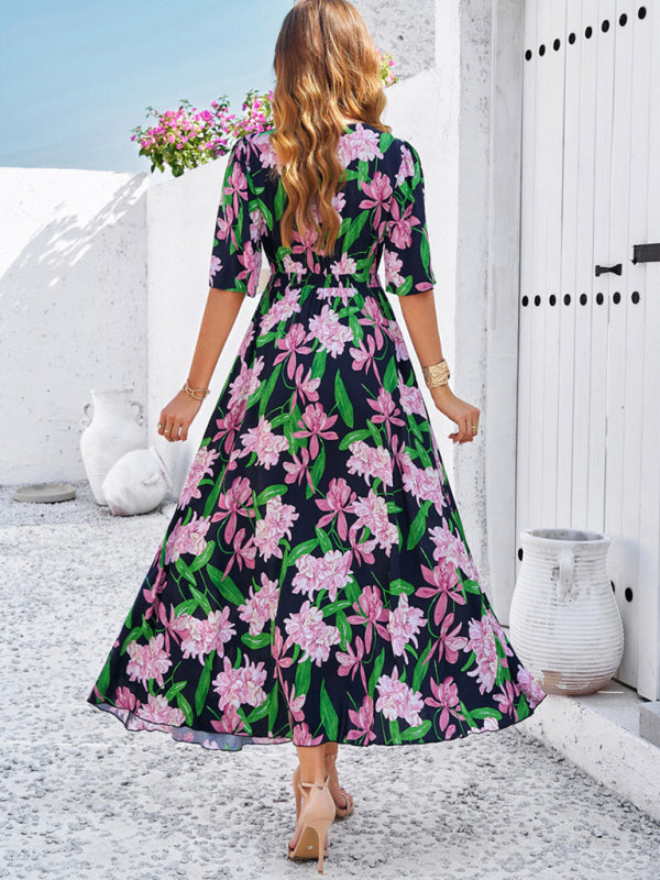 Lässiges Damenkleid mit Blumenmuster und Schlitz für Frühling und Sommerurlaub 
