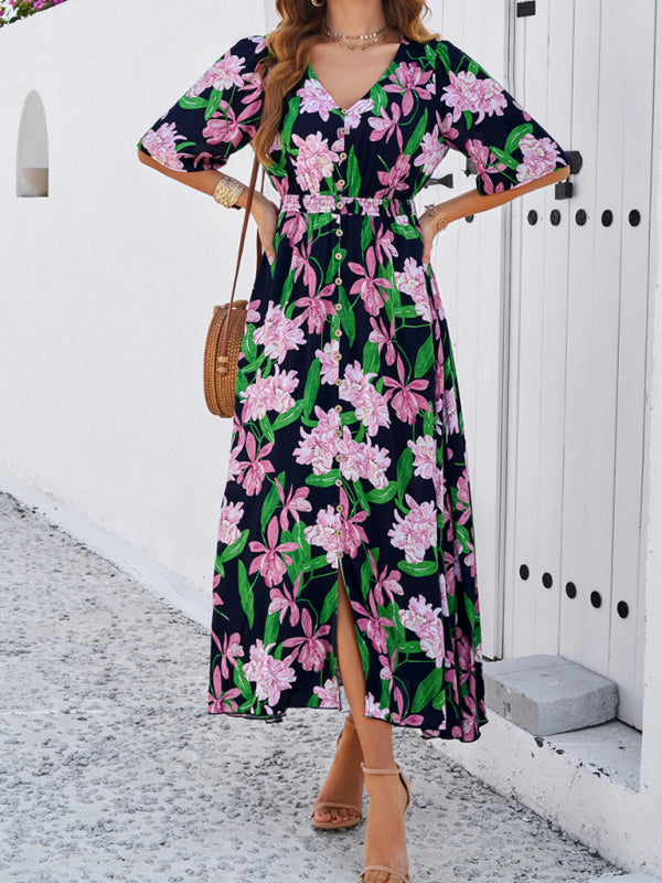 Lässiges Damenkleid mit Blumenmuster und Schlitz für Frühling und Sommerurlaub 