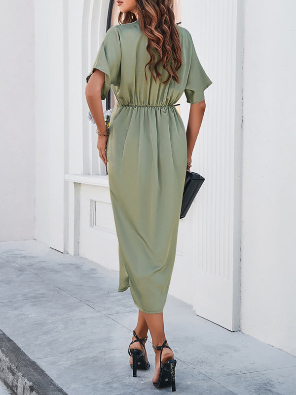 Neues, einfarbiges, elegantes Kurzarmkleid mit V-Ausschnitt 