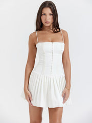 Robe courte plissée sexy à bretelles dos nu, couleur unie, pour femme 