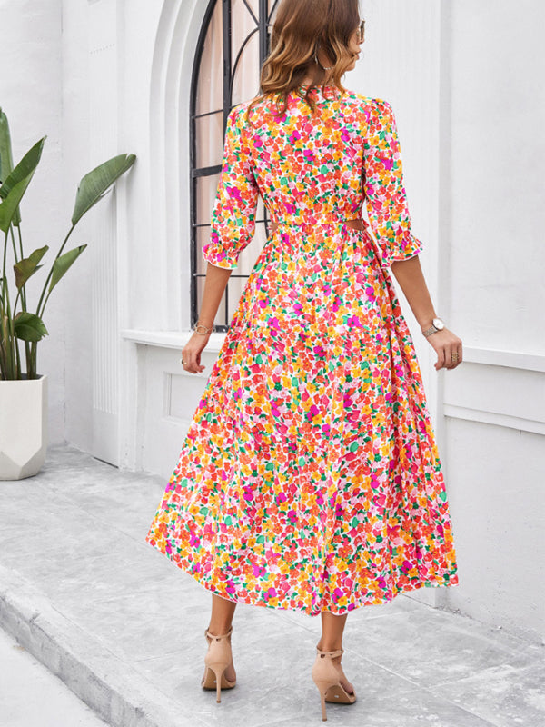 Neues lässiges Urlaubskleid mit Print, V-Ausschnitt und Schlitz für Frühling und Sommer 